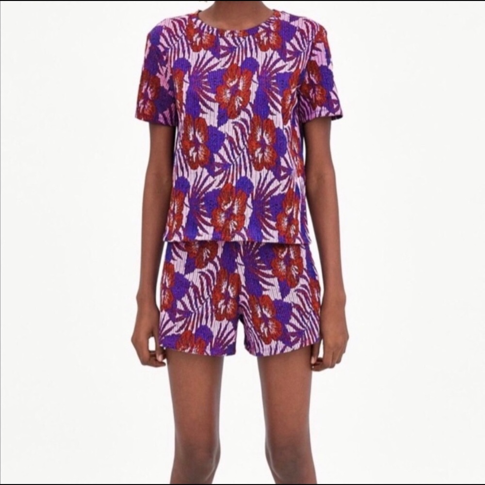 SOLD Zara Purple Floral Hibiscus Metallic Top